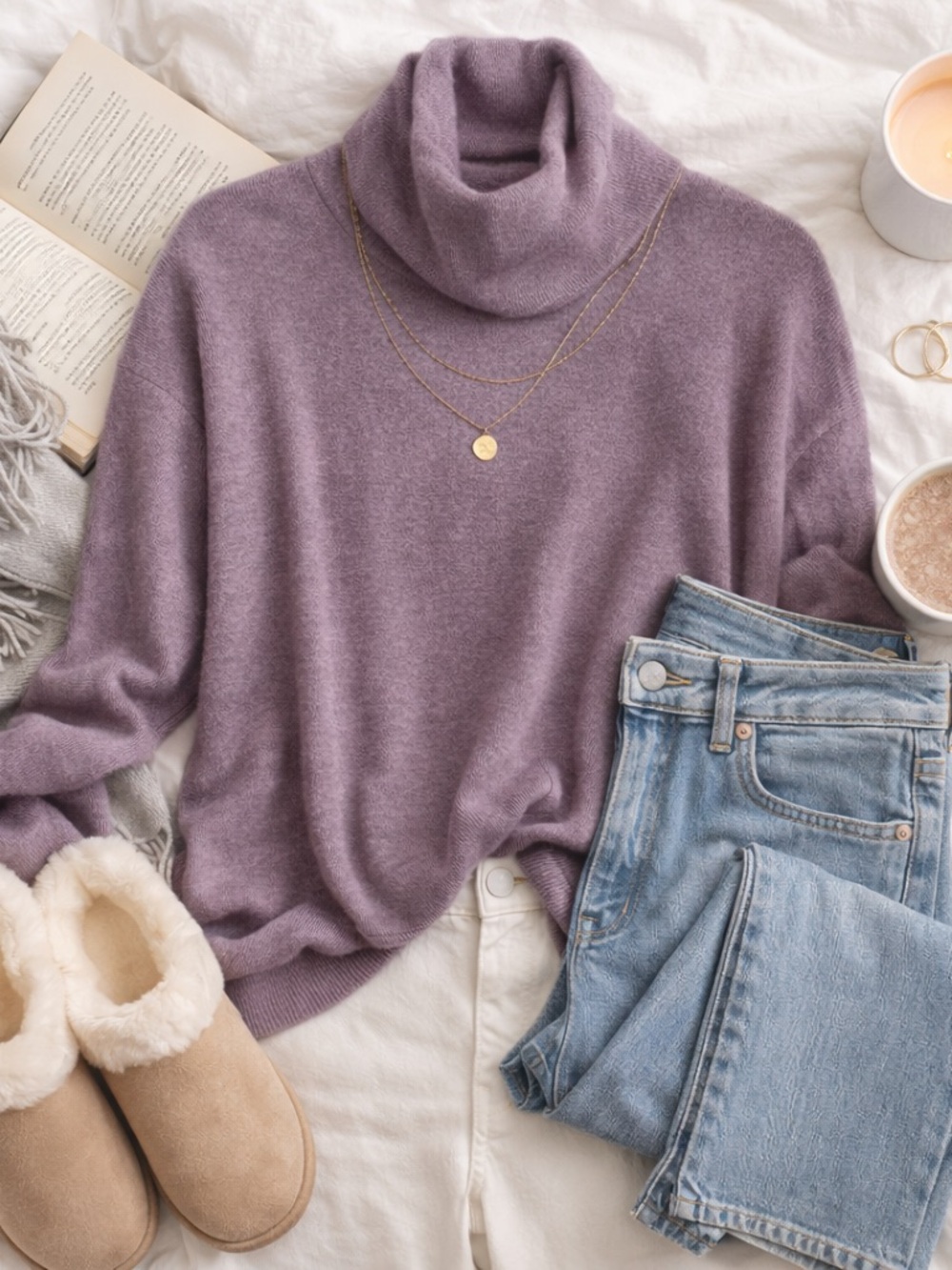 100% Cashmere Lavender Turtleneck Sweater Soft Luxe Cozy Chic M